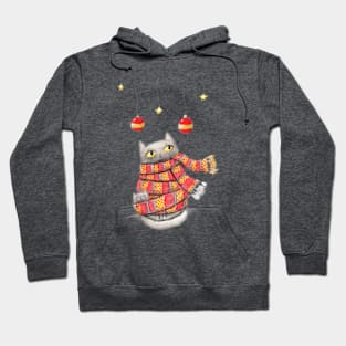 Cat and kitten with Red scarf. Merry Christmas Hoodie